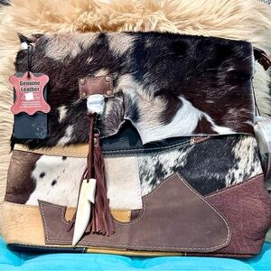 Genuine Leather Patchwork Bag - Brown and Tan